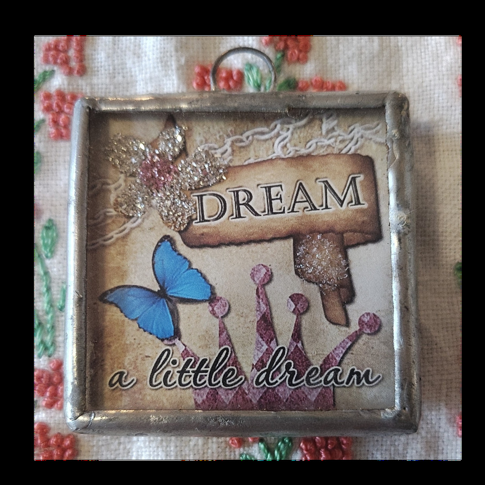 Handcrafted Square Mixed Media Pendant Pink Glitter Heart Butterfly Charm